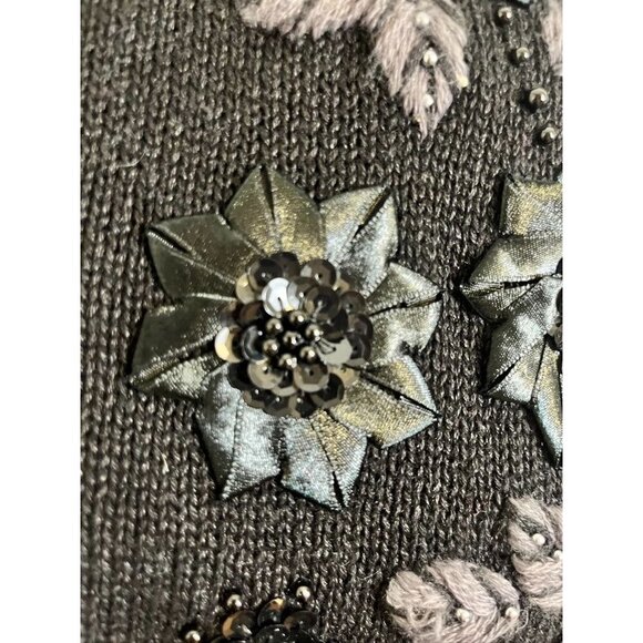 Retro Floral Sweater Vest L Black Beaded Sequin Classic Chic Preppy Old Money - Picture 5 of 12